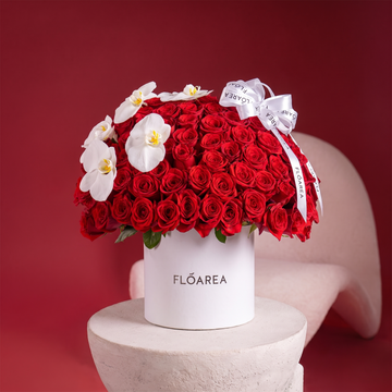 DOME RED ROSES & ORCHID BOX